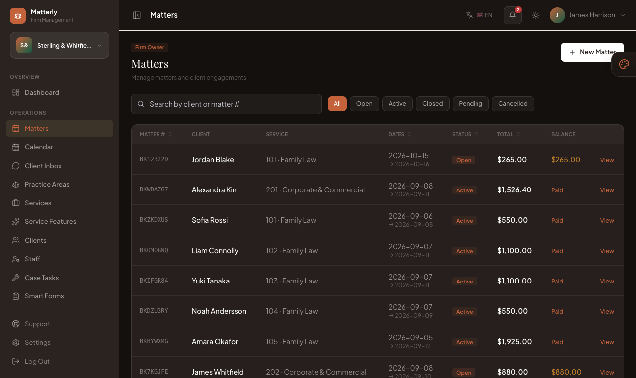 Clients, invoices and payments on the matter